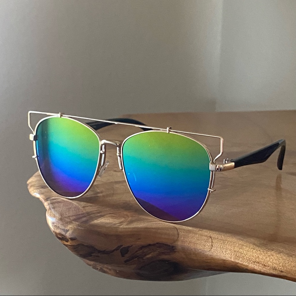 NEW! Rainbow Mirrored Sunglasses Gold Trim Unique Aviator 100% UV Trendy Fashion